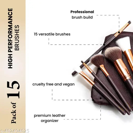 Professional Makeup Brush Applicator Set of 15pcs with Premium Leather Pouch (Brown Colour)