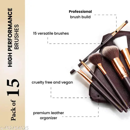 Professional Makeup Brush Applicator Set of 15pcs with Premium Leather Pouch (Brown Colour)