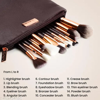 Professional Makeup Brush Applicator Set of 15pcs with Premium Leather Pouch (Brown Colour)